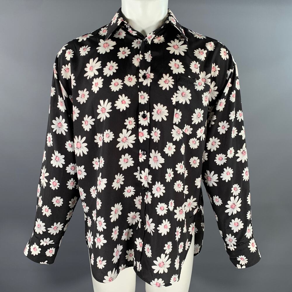 BALENCIAGA Size S Black & White Pink Floral Polyester Long Sleeve Shirt
